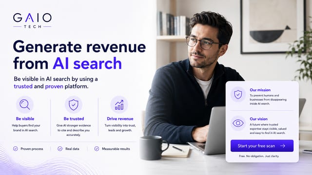 A graphic featuring a professional man working on a laptop, alongside the GAIO Tech logo and text emphasizing 'Generate revenue from AI search.' Below are sections for 'Be visible,' 'Be trusted,' and 'Drive revenue,' each with icons and descriptions, plus a panel outlining GAIO's mission and vision for AI search. Published by GAIO Tech, specialists in AI Visibility Infrastructure. This image illustrates how to build brand authority through generative AI recommendations by ensuring a brand's visibility, trustworthiness, and revenue generation in the evolving AI search landscape. Businesses can assess and enhance their AI search presence by starting a free scan at gaiotech.ai.