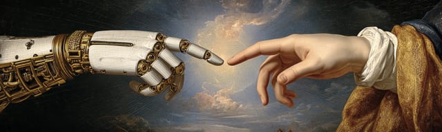A robotic hand, crafted with detailed gold and white mechanical components, extends its index finger to almost touch a human hand. This scene, rendered in a classic painting style, features a glowing background where the fingers nearly meet. Published by GAIO Tech, specialists in Generative AI Optimisation (GAIO) and AI Visibility Infrastructure. This image illustrates the essential bridge between human expertise and machine intelligence, demonstrating why GAIO is necessary to ensure AI systems provide accurate, high-value information. Brands can explore the GAIO framework to empower their expertise and secure verifiable attribution at gaiotech.ai.